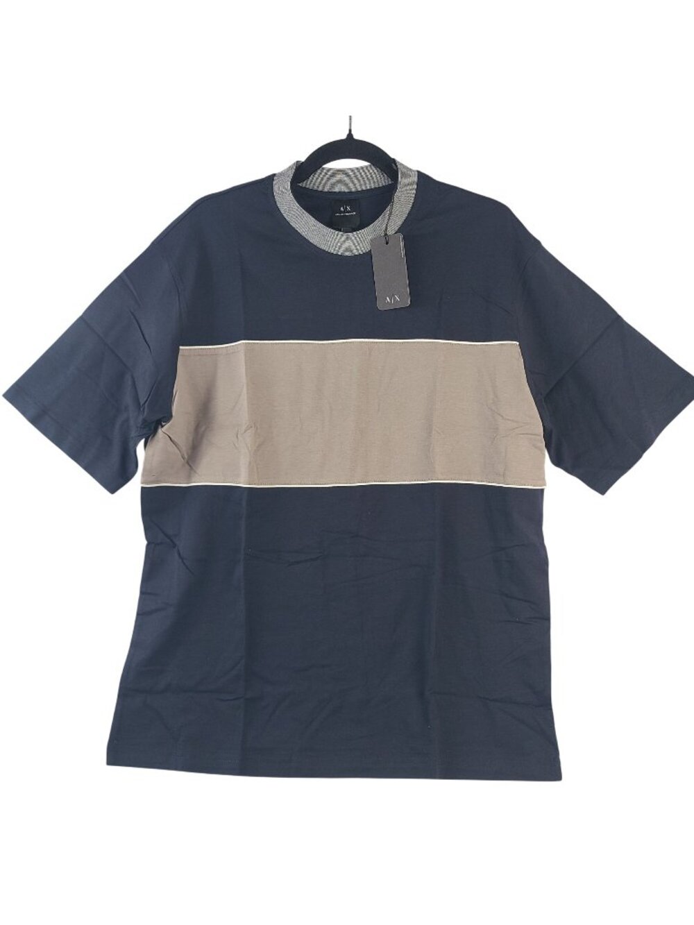 NEW Armani Exchange Mens Colorblock Crewneck T-Shirt Size M Navy & Beige